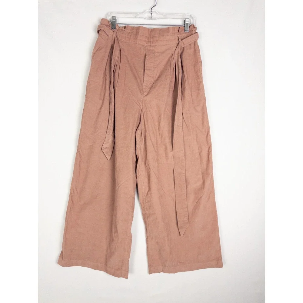 American Eagle Pants Womens L Pink Wide Leg Strap Relaxed Ruffle Stretch Cotton‎
